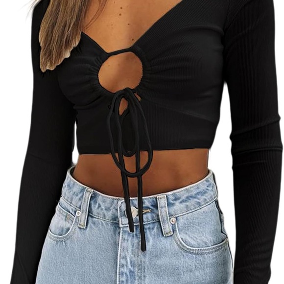V Neck Drawstring Long Sleeve Top Ruched Tie Up Hollow Out Crop Top - Picture 1 of 8